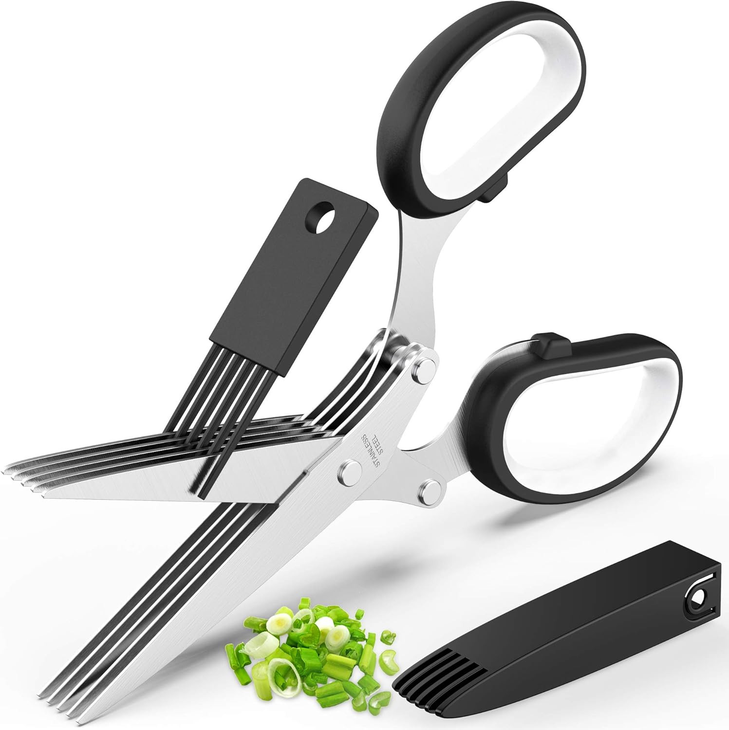 Herb Scissors with 5 Blades and Cover, Kitchen Herb Cutter with Cleaning Comb, S