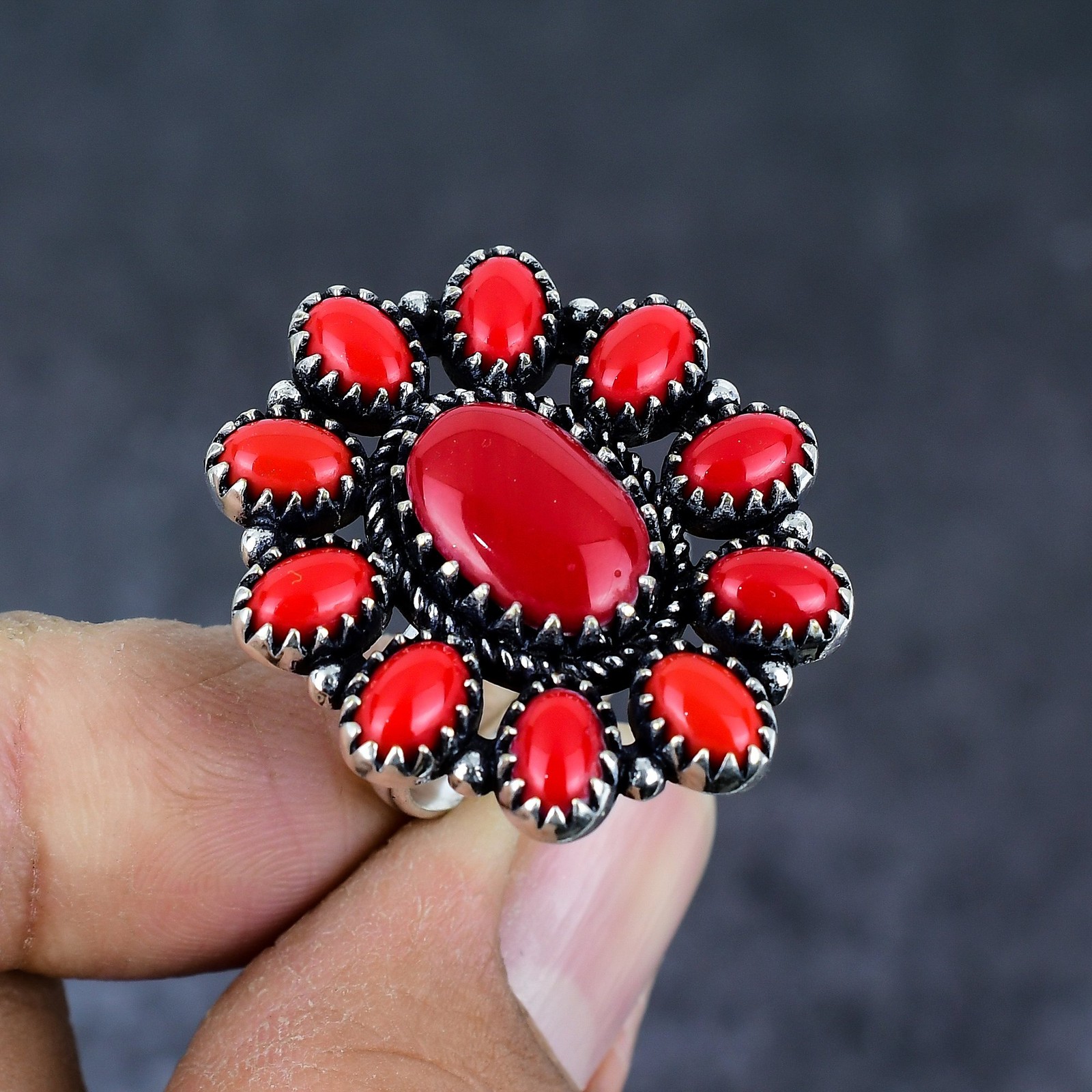 Red Coral Gemstone Handmade 925 Sterling Silver Jewelry Ring Size 8.5 Q521