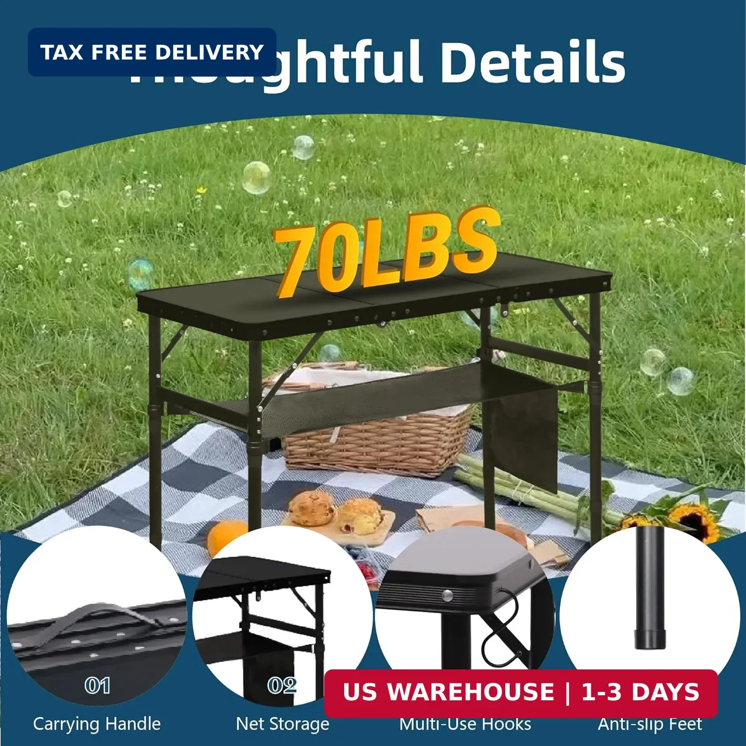 Folding Camping Table with 3 Adjustable Height, 3ft Foldable Aluminum Cam