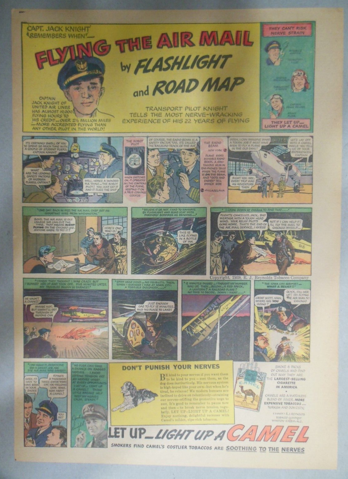 Camel Cigarette Ad:  Air Mail Pilot ! Jack Knight from 1939 Size 11 x 15 inch