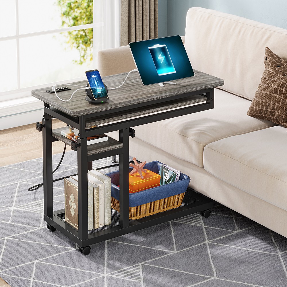 Small Portable Desk with Power Outlet,Height Adjustable Sofa Couch Bedside Table