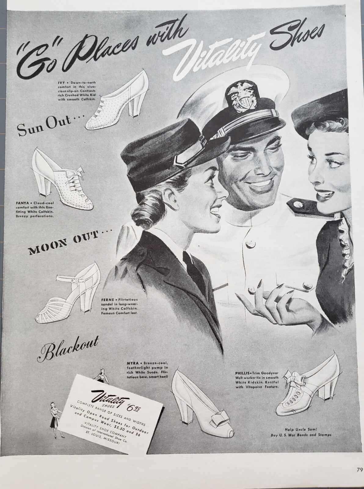 1943 Vitality Shoes Go Places Buy U.S. War Bonds & Stamps Print Ad