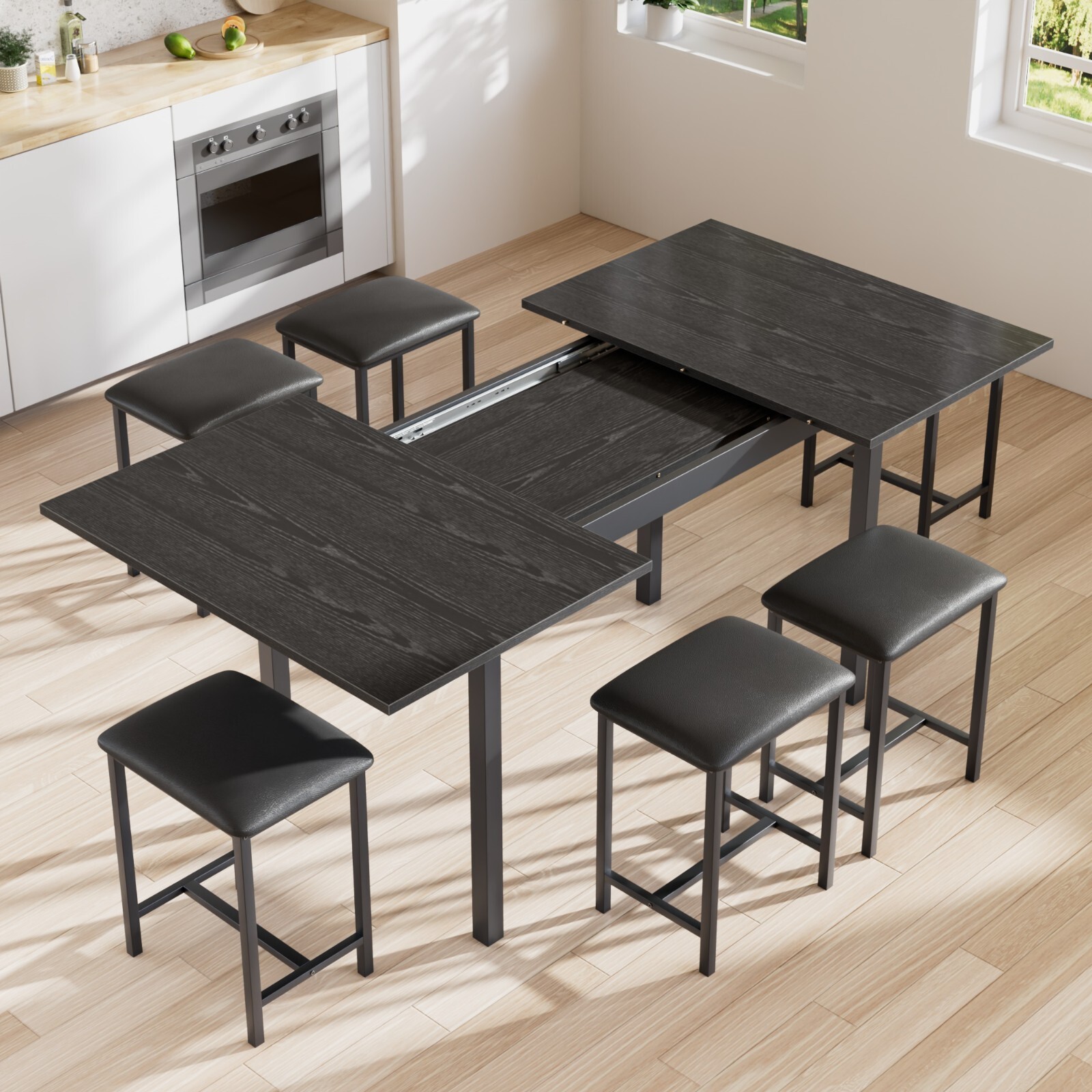 Extendable Dining Table Set with USB Charging, Kitchen Table with 6 Stools Black