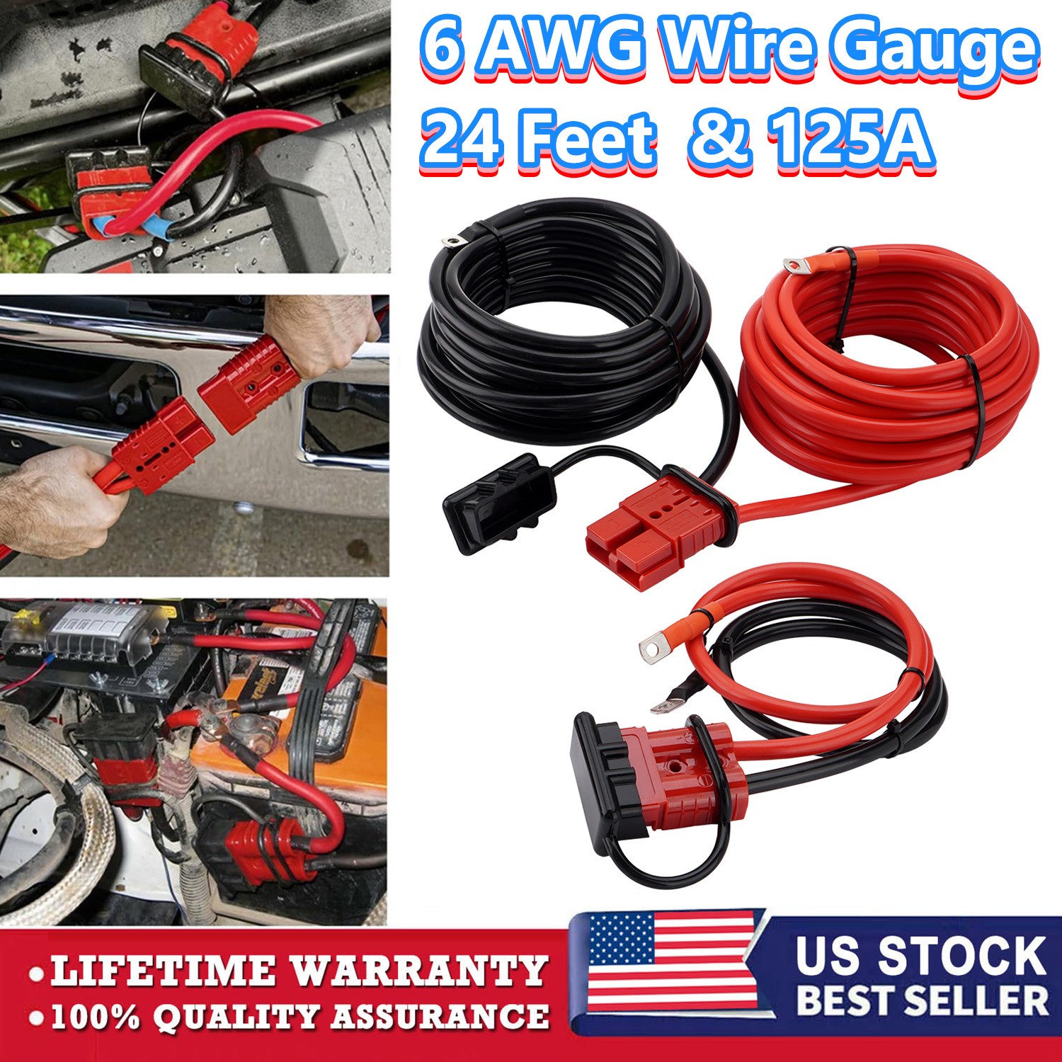 24FT Quick Disconnect Winch Power Cable, 6 AWG 6 Gauge Wiring For Winch Trailer