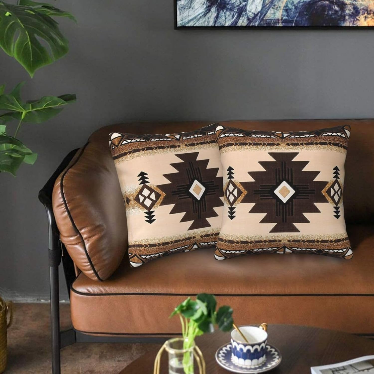 Western Southwest Aztec Pillow Covers 18X18 Set of 2, Native American Brown T...