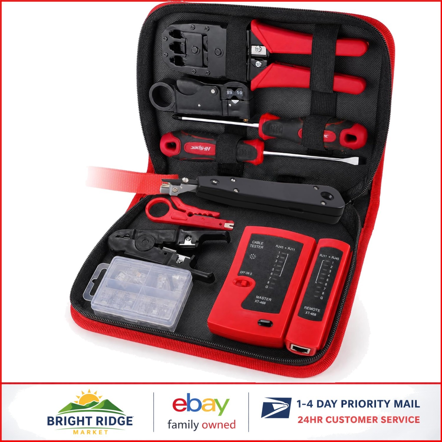 9-Piece Network Cable Tester Kit with Crimper, Stripper, Punch Down Tool & Case