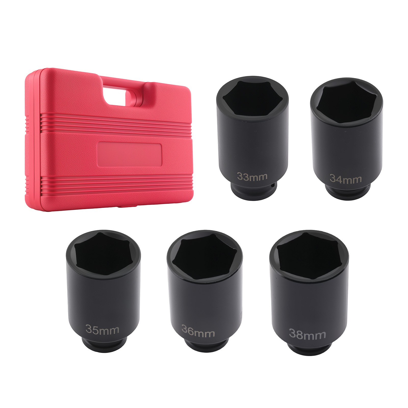 5pc 33mm-34-35-36-38mm 1/2'' Drive 6 Point Deep Spindle Axle Nut Socket Set Tool
