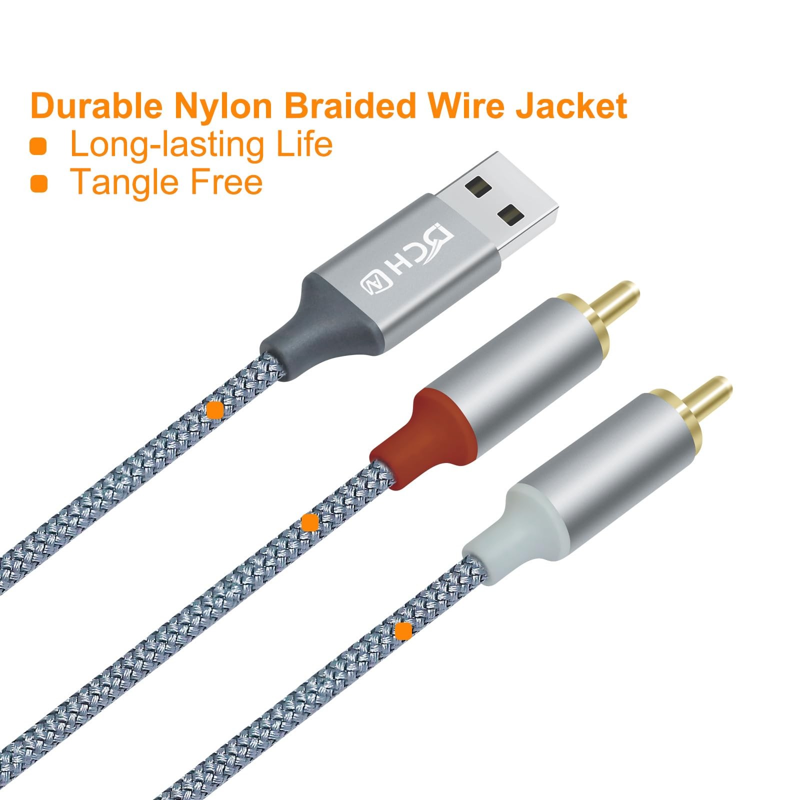 DCHAV 4ft USB to RCA Audio Cable Type A 2 Adapter Cord Male 2RCA grey