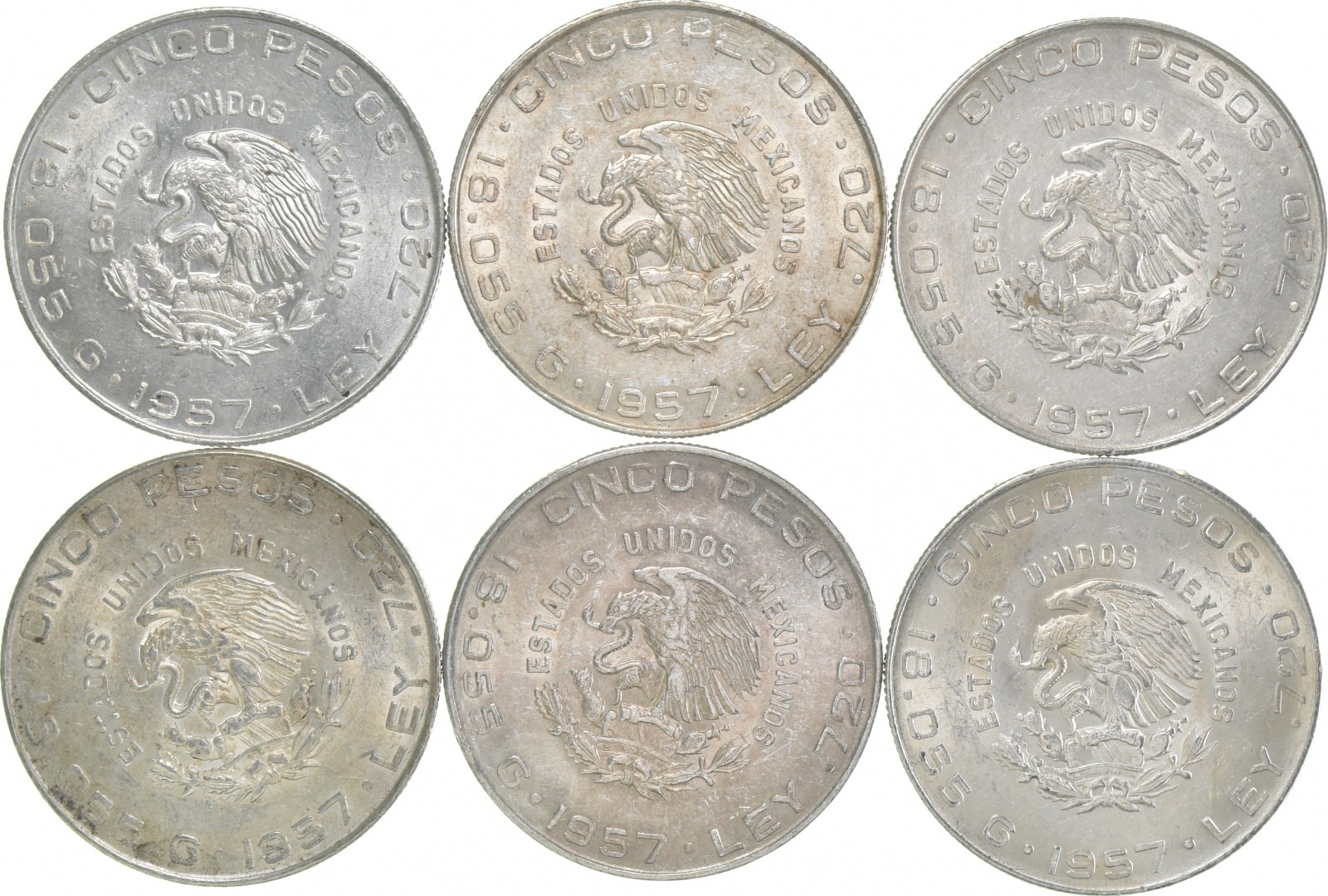 1957 Mo Mexico 5 Pesos Hidalgo .720 Silver AU