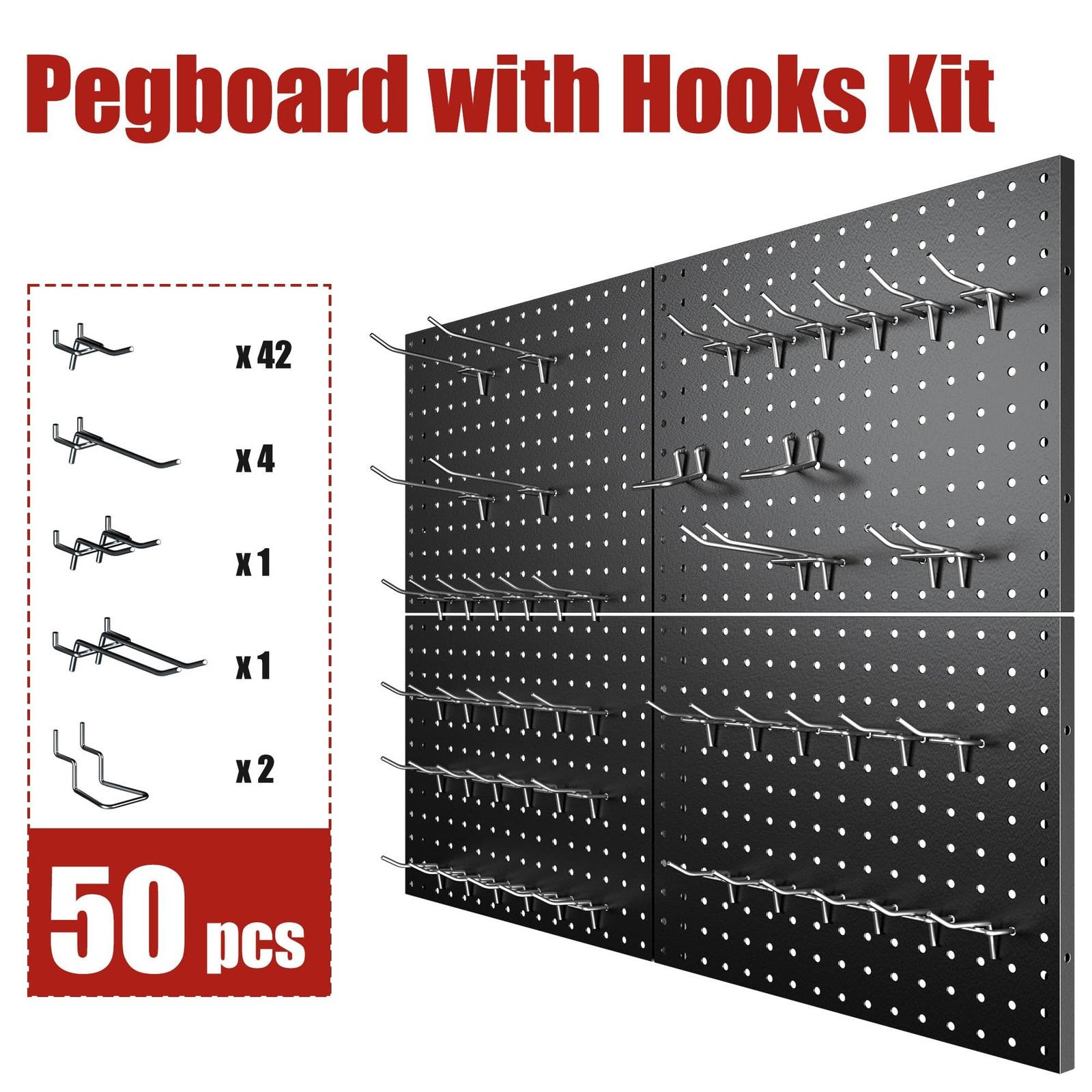 4 Pack Metal Pegboard Panels with 50 Hooks, Black Pegboard Wall Organizer, Pe...