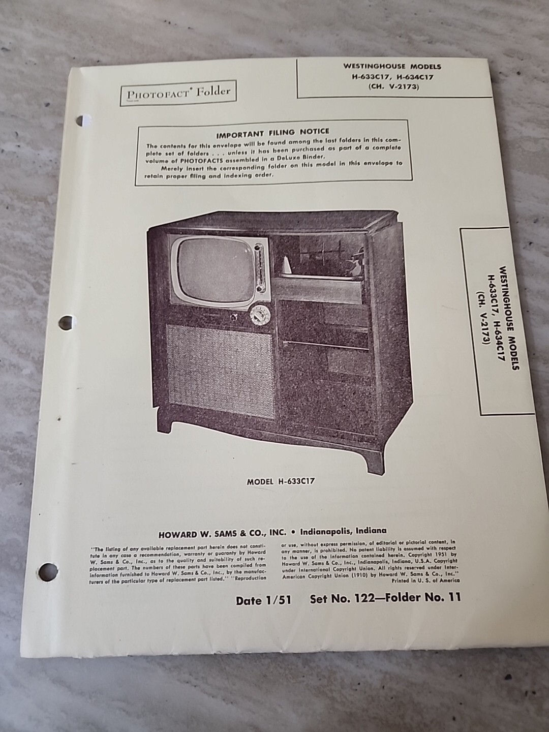 1951 WESTINGHOUSE H-633C17 634C17 V-2173 TELEVISION SERVICE MANUAL PHOTOFACT FIX