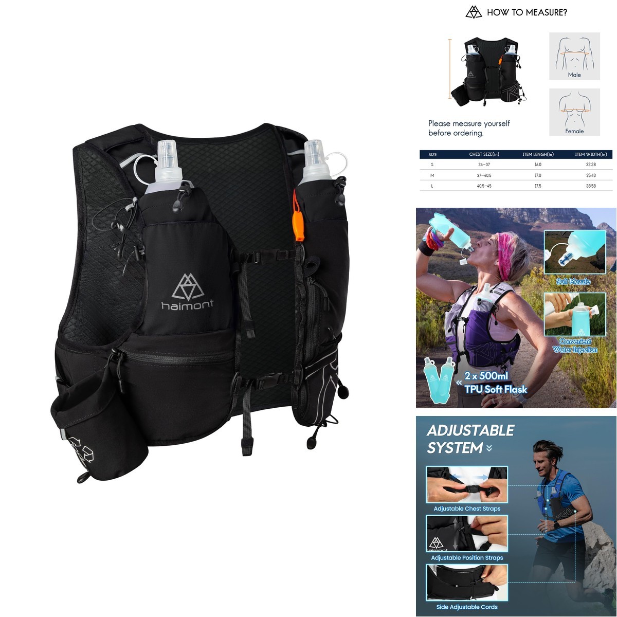 Haimont 8L Trail Running Hydration Vest Soft Flasks, Black, L