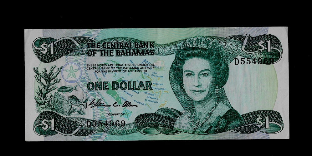 BAHAMAS ( 1 ) BANK NOTE  1 DOLLAR  L1974(1984)  P  43 ALMOST  UNCIRCULATED