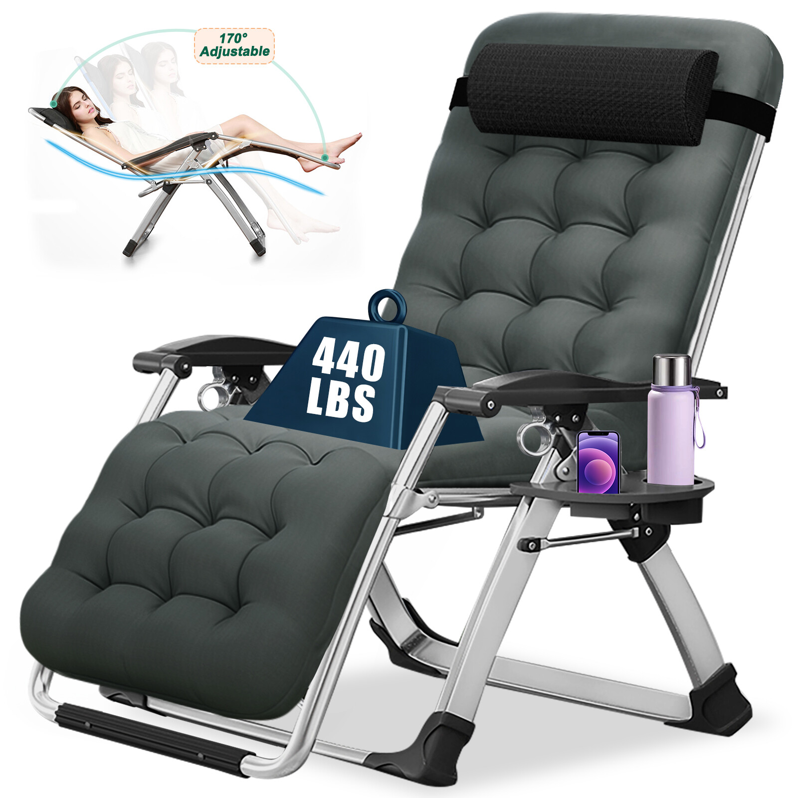 H&ZT Zero Gravity Chair Folding Chaise Reclining Lounge Padded Chairs & Pillow