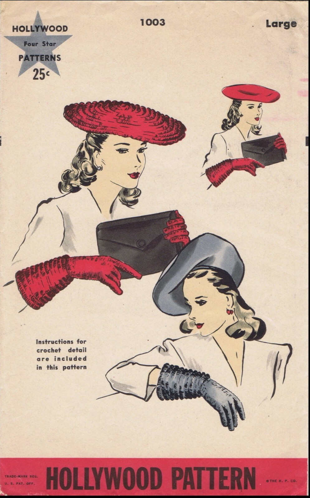 Hollywood #1003 Beret Hat & Gloves Crochet & Fabric Sewing Pattern 1940s Fashion