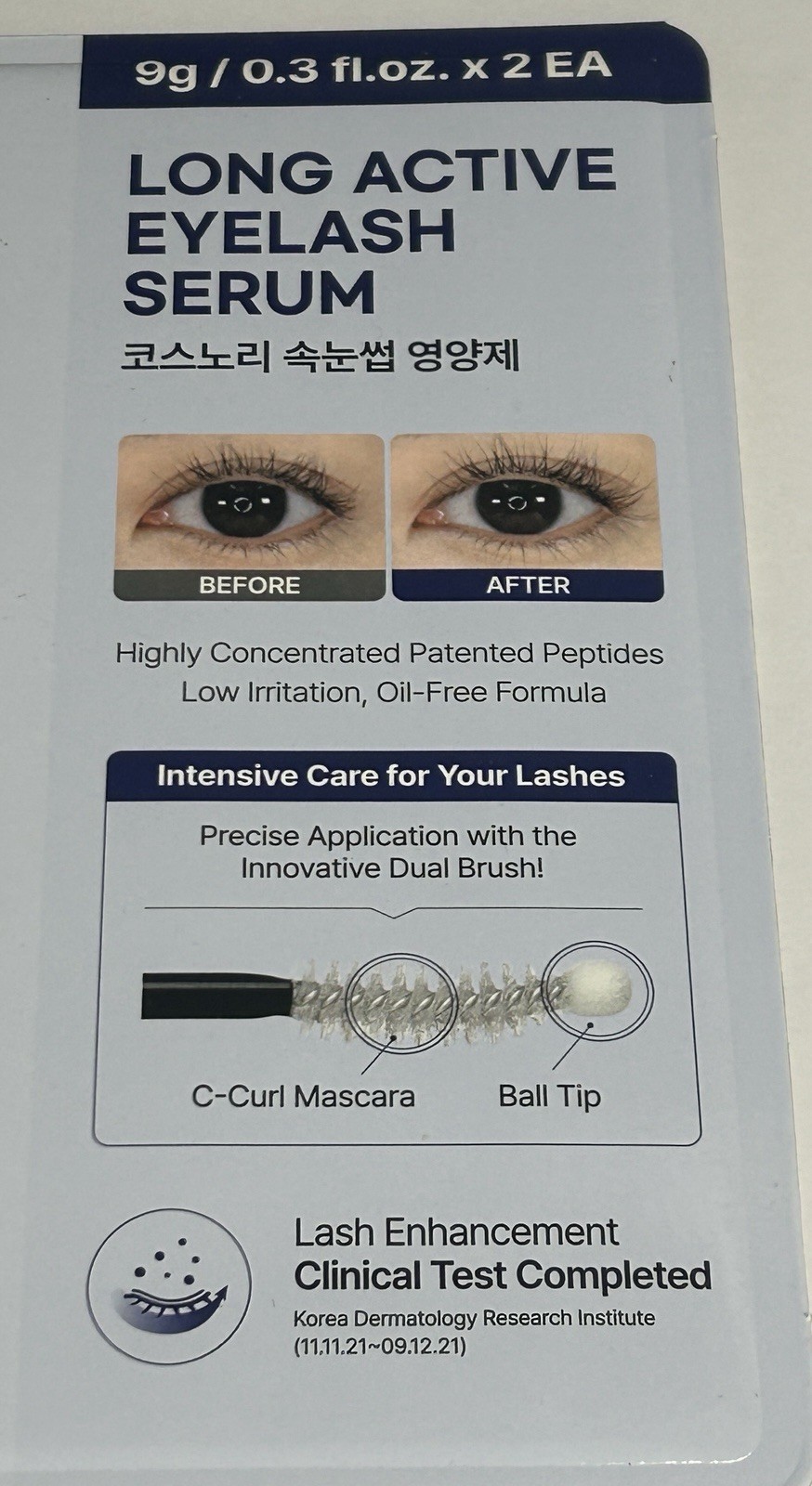 COSNORI Long Active Eyelash Serum, 9g x2, Vegan, Korean Lash Growth, Dual Brush.