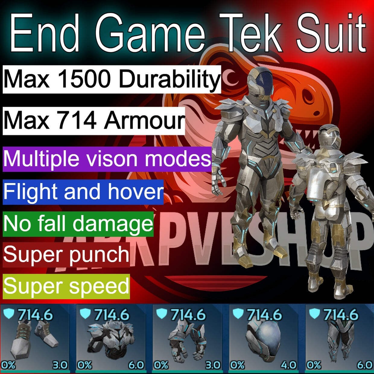 ASA PVE 🦖ARK Survival Ascended Tek Suit Max 714 Armor & 1500 Durability, Gear