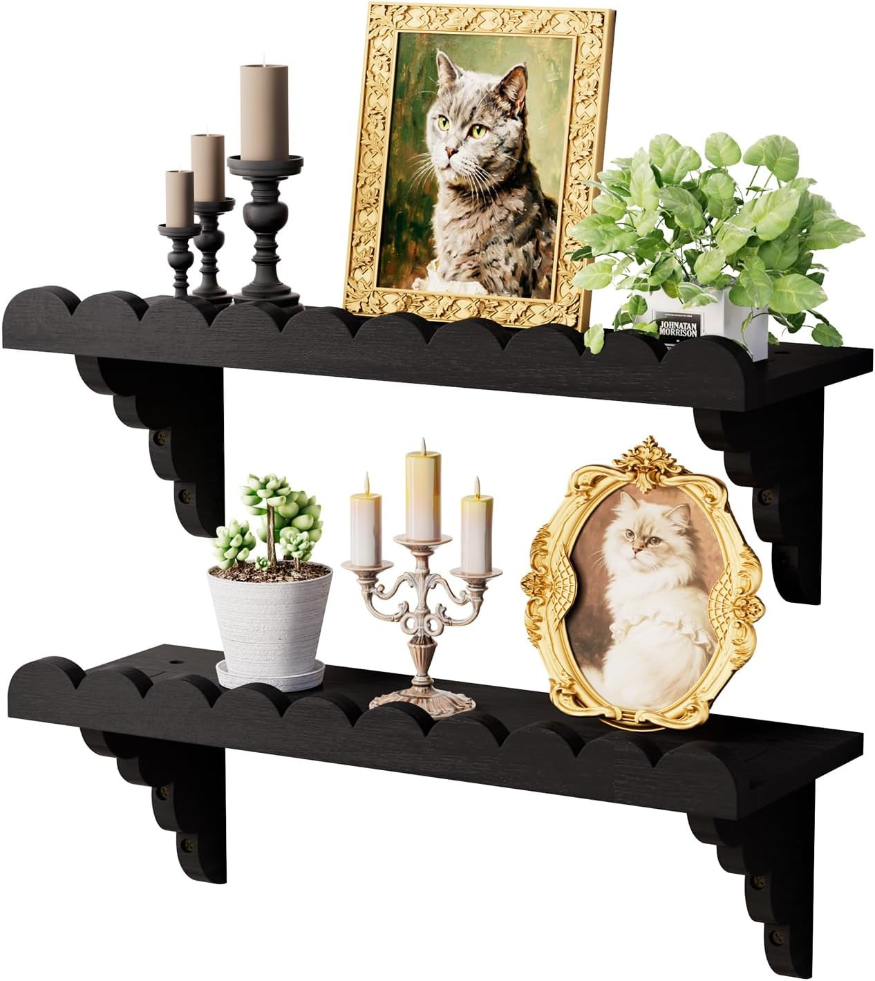 Scalloped Wood Wall Shelf – 17 Inch Floating Shelf with Wood Brackets, Easy to I