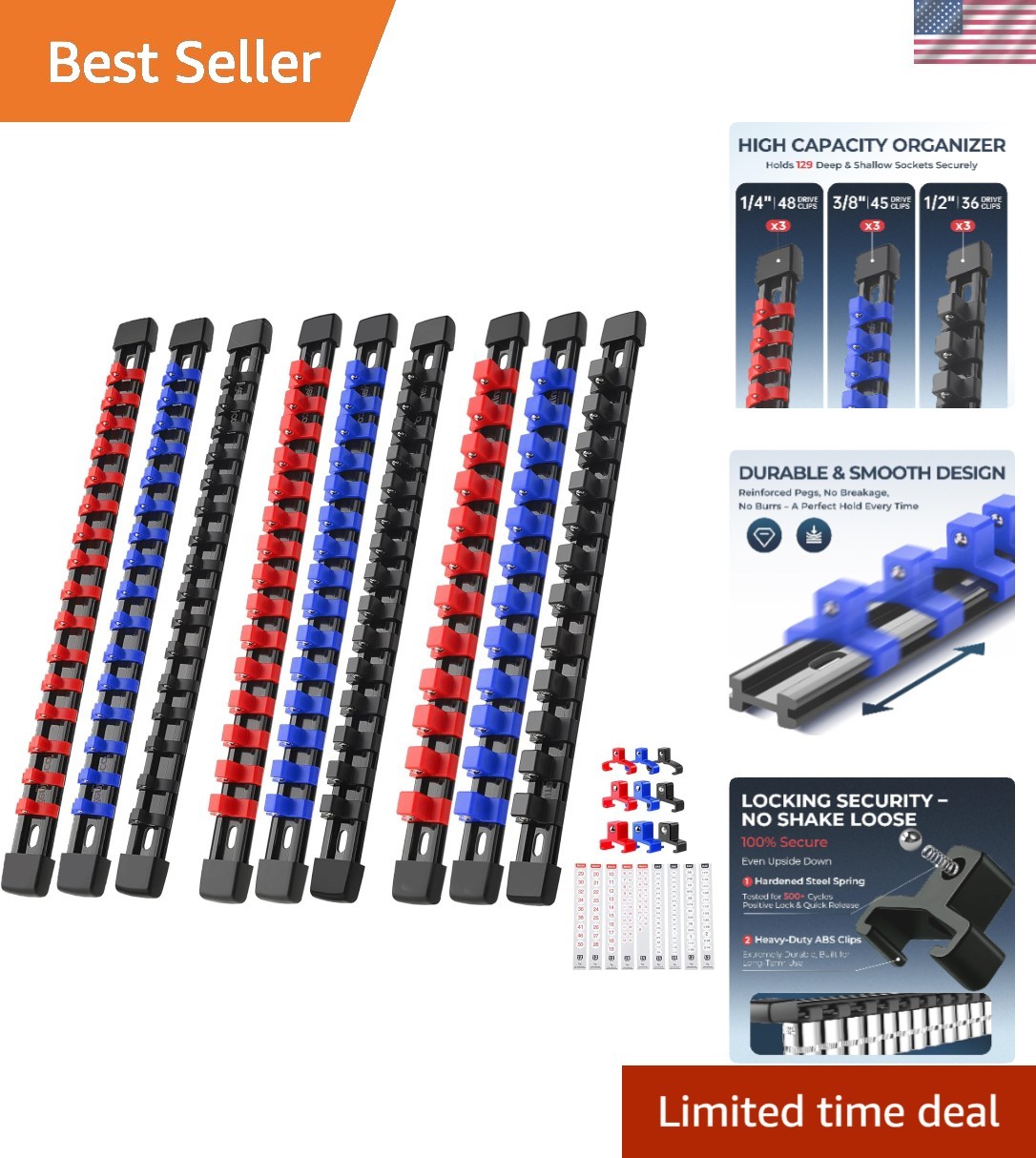 9-Piece Adjustable Socket Organizer Set - Heavy Duty ABS, Color-Coded