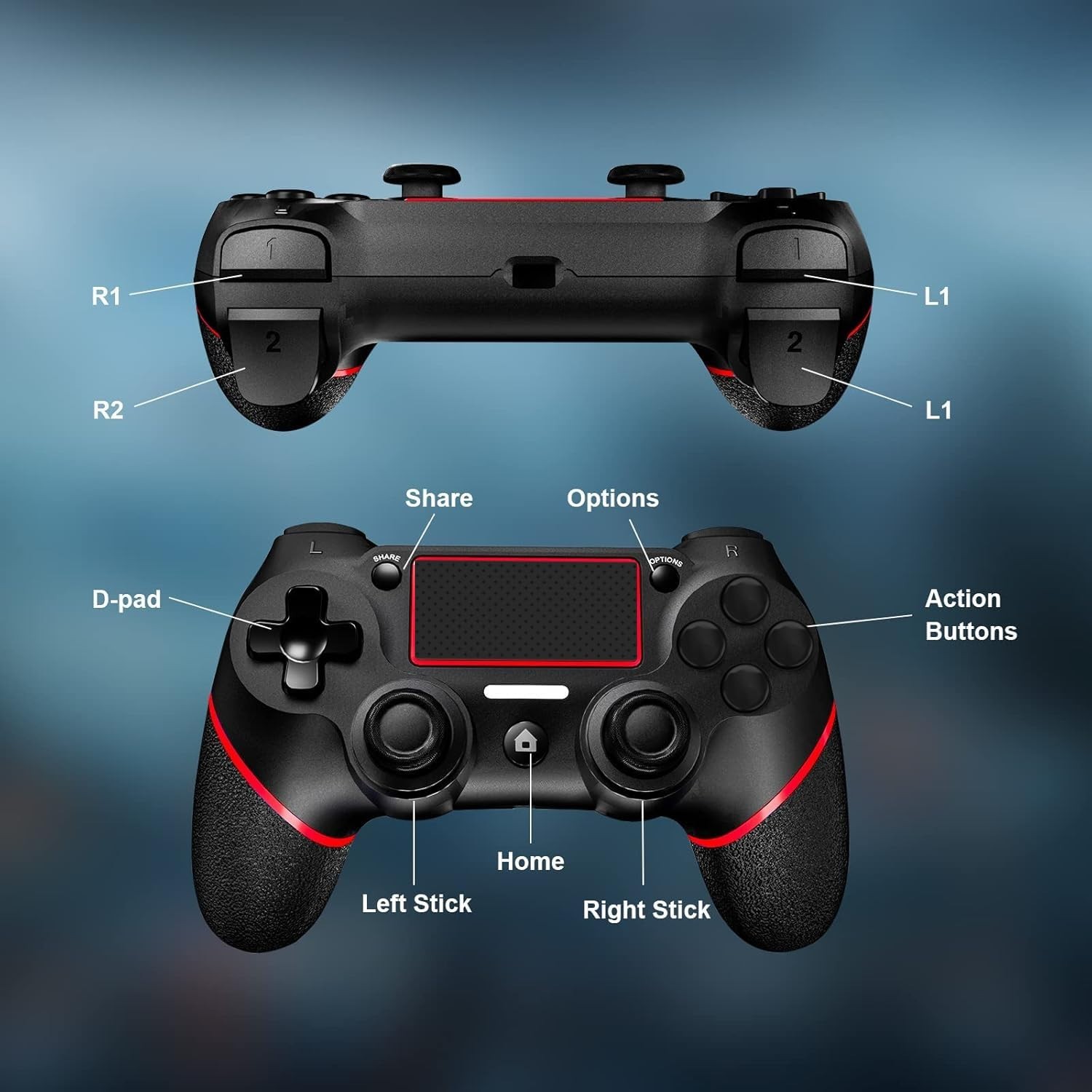 High-Performance Black Red Wireless PS4 Controller with Touchpad & Share Button