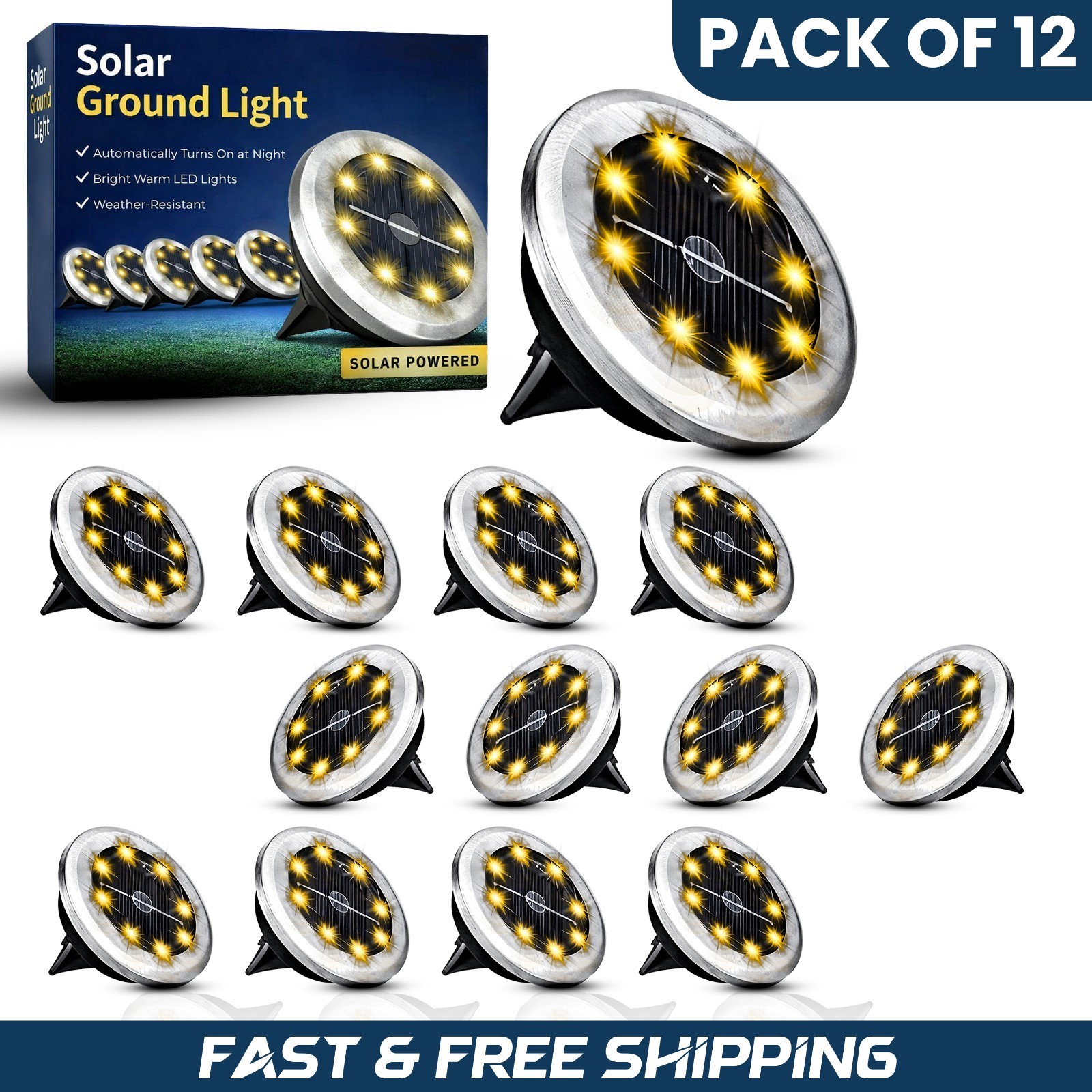 8-12Pack solar in Garden Light Outdoor Disk Lighting Waterproof Landscape LED