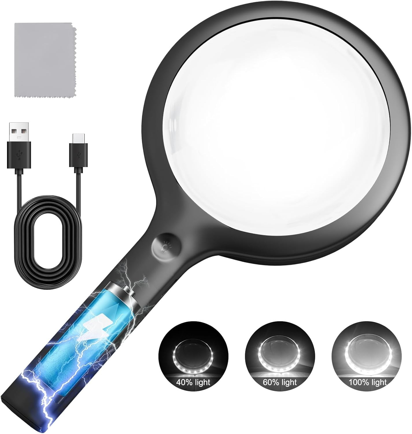 30X Charge Magnifier with Light, NUEYiO 4.33Inch Large Handheld Magnifying Glass