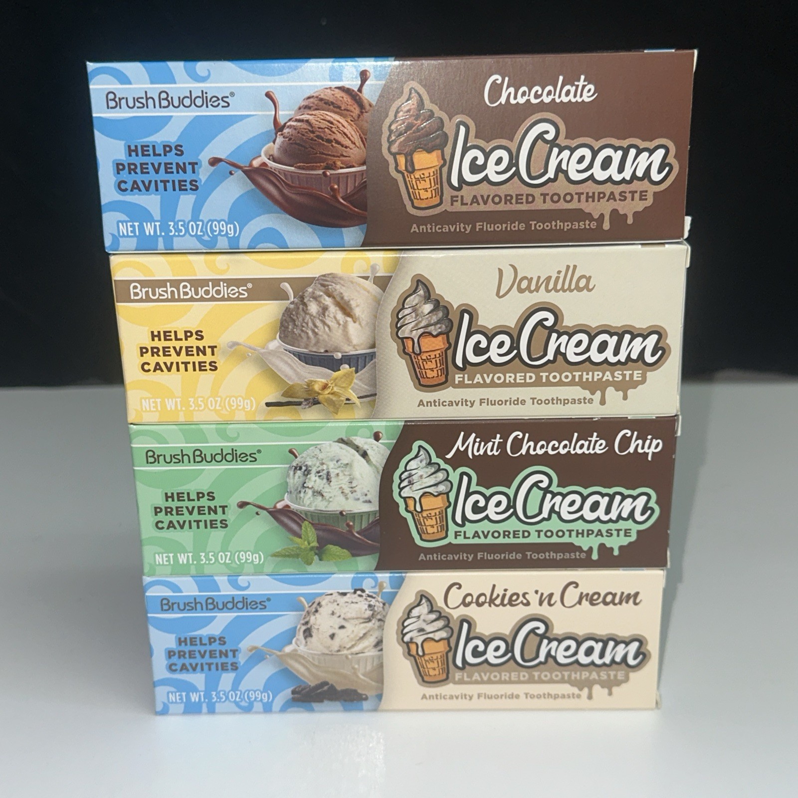 BrushBuddies Ice Cream Flav. Toothpaste Vanilla, Choc., Cookies+Cream, Mint Chip