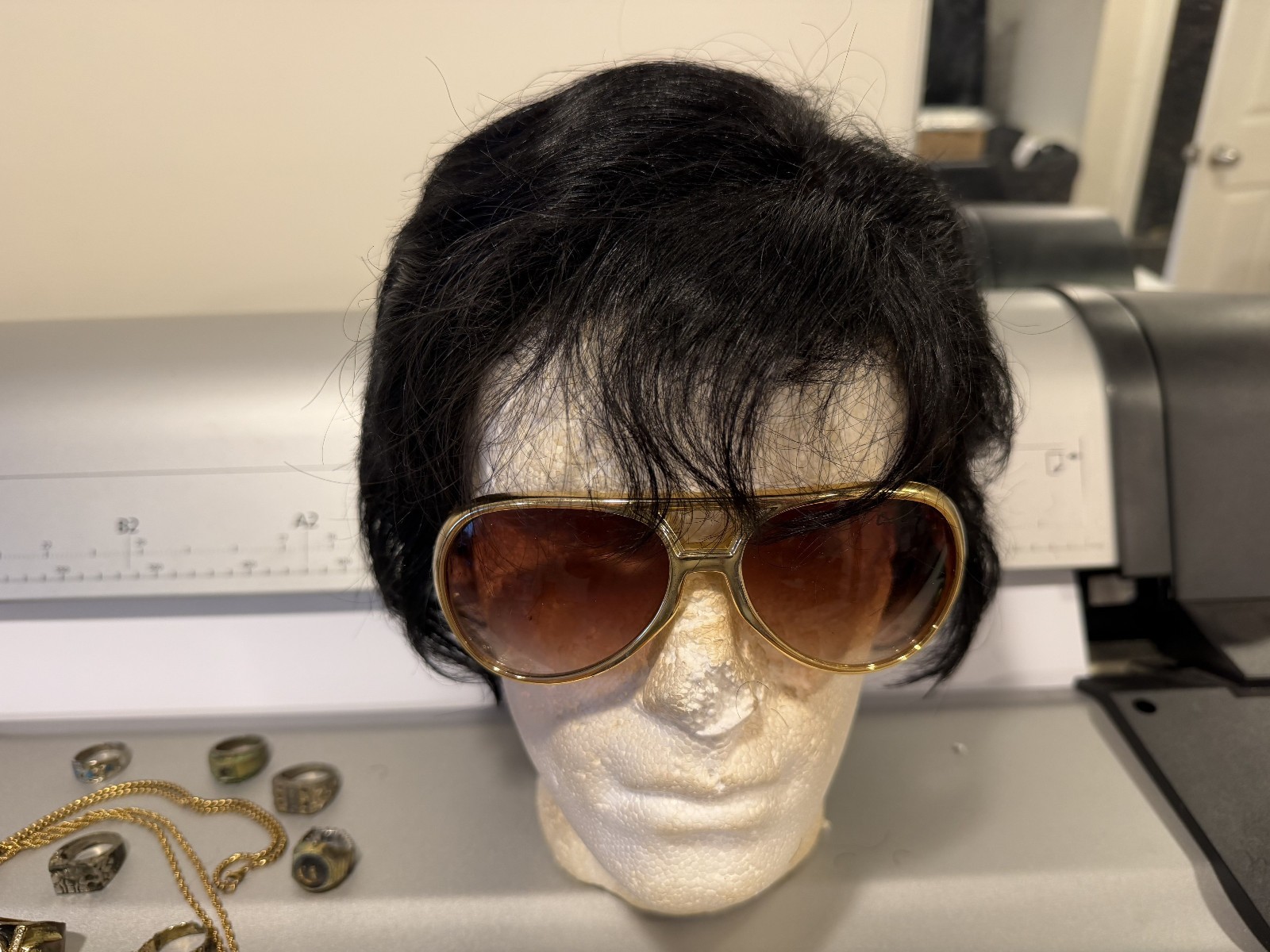 ELVIS Style REAL HUMAN HAIR WIG with glasses. Concert Years”  ETA