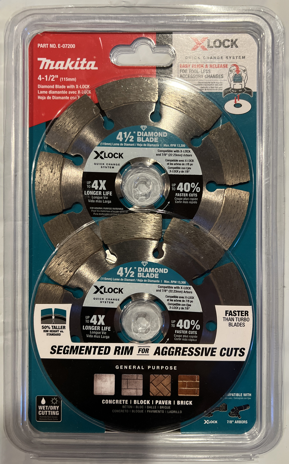 New Two (2) Makita XLOCK Segmented Diamond Blades Masonry 4-1/2”  E-07200