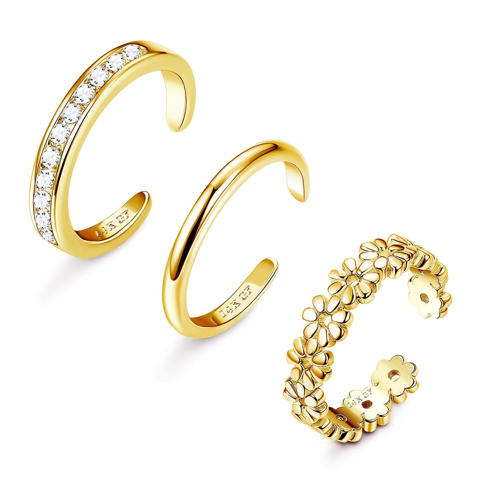 FIASASO 3Pcs Gold Filled Toe Rings for Women Non Tarnish Adjustable, 14K GF