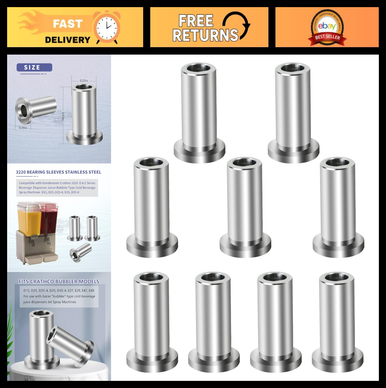 9 Pack Stainless Steel Bearing Sleeves for Grindmaster Crathco Beverage Dispense