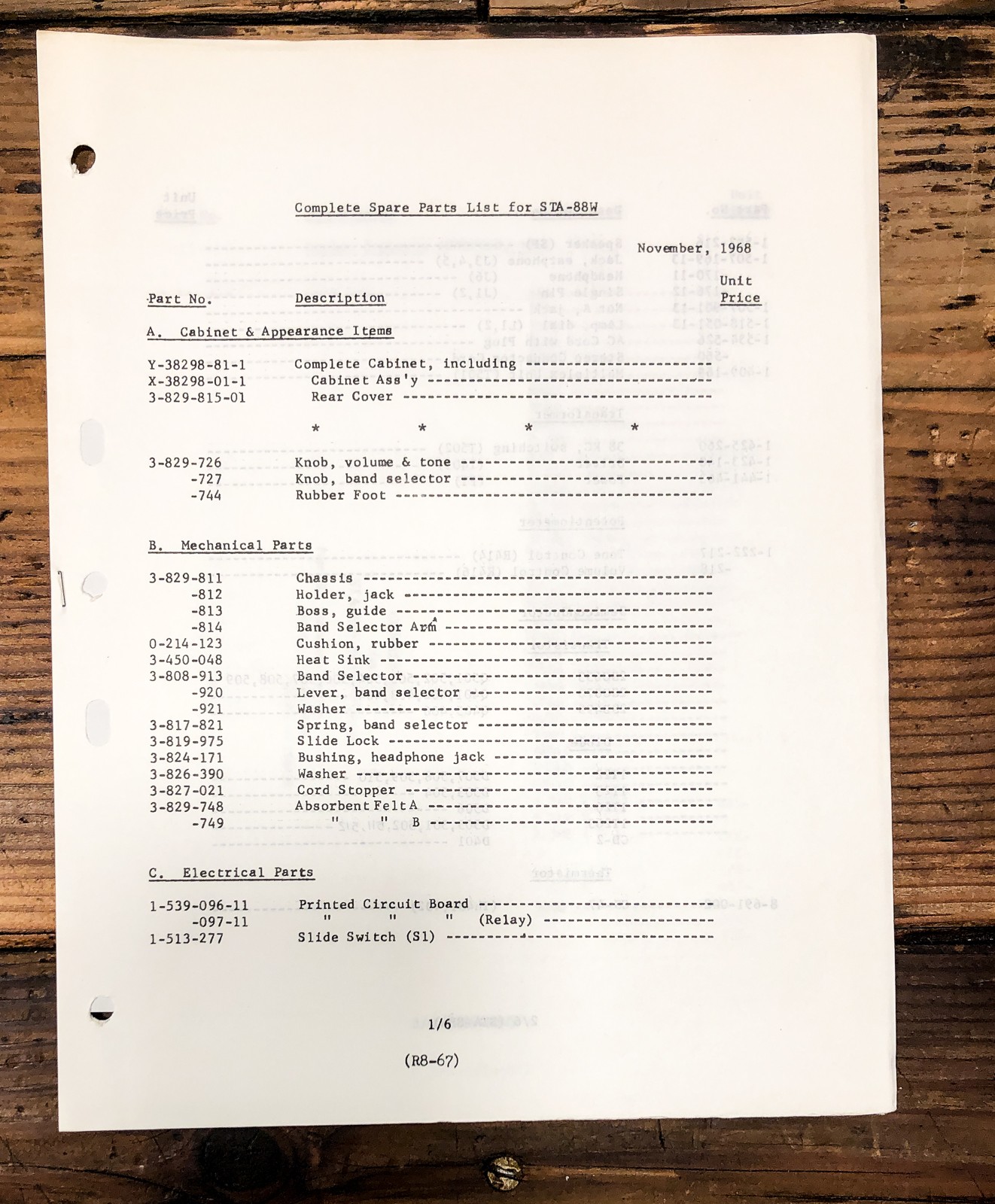 Sony STA-88W Radio Parts List Manual *Original*