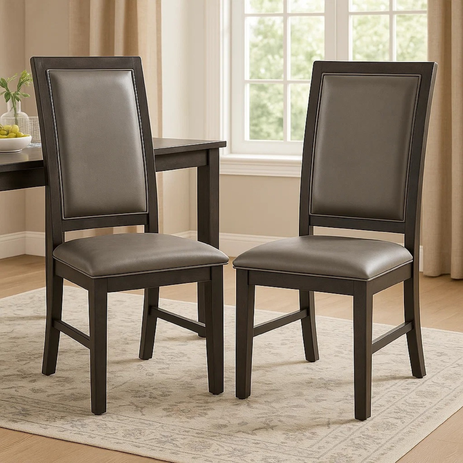 Jefy Side Dining Chair Set of 2, Gray Faux Leather, Espresso Brown Wood