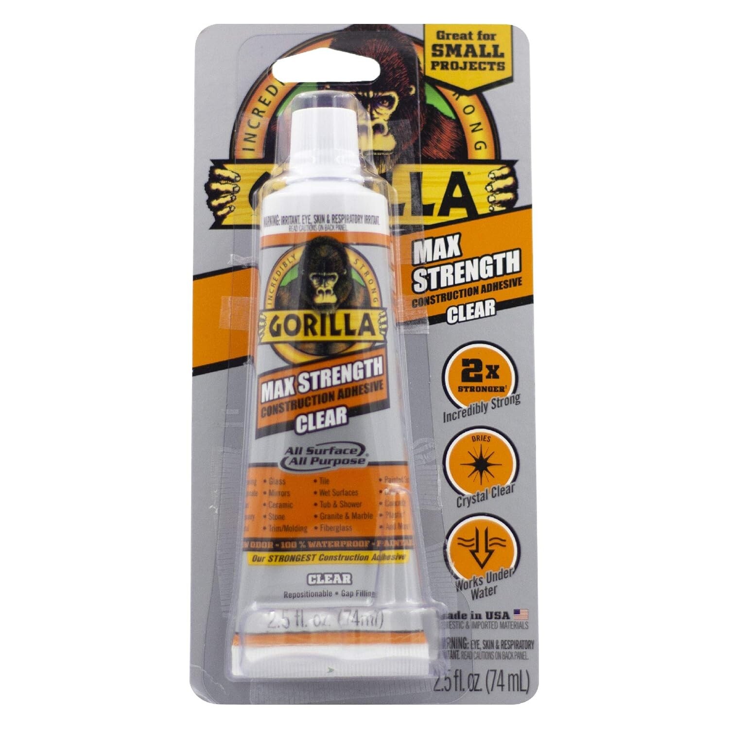 Gorilla Max Strength Adhesive Clear 2.5oz Waterproof Glue Tube