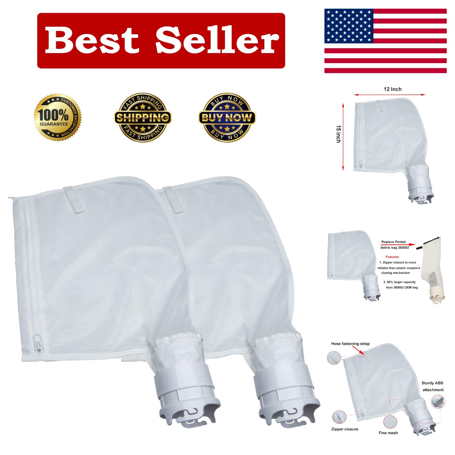 Enhanced 50% Larger Fine Mesh Bag with Zipper for Pentair Pool Cleaners - 2 Pack