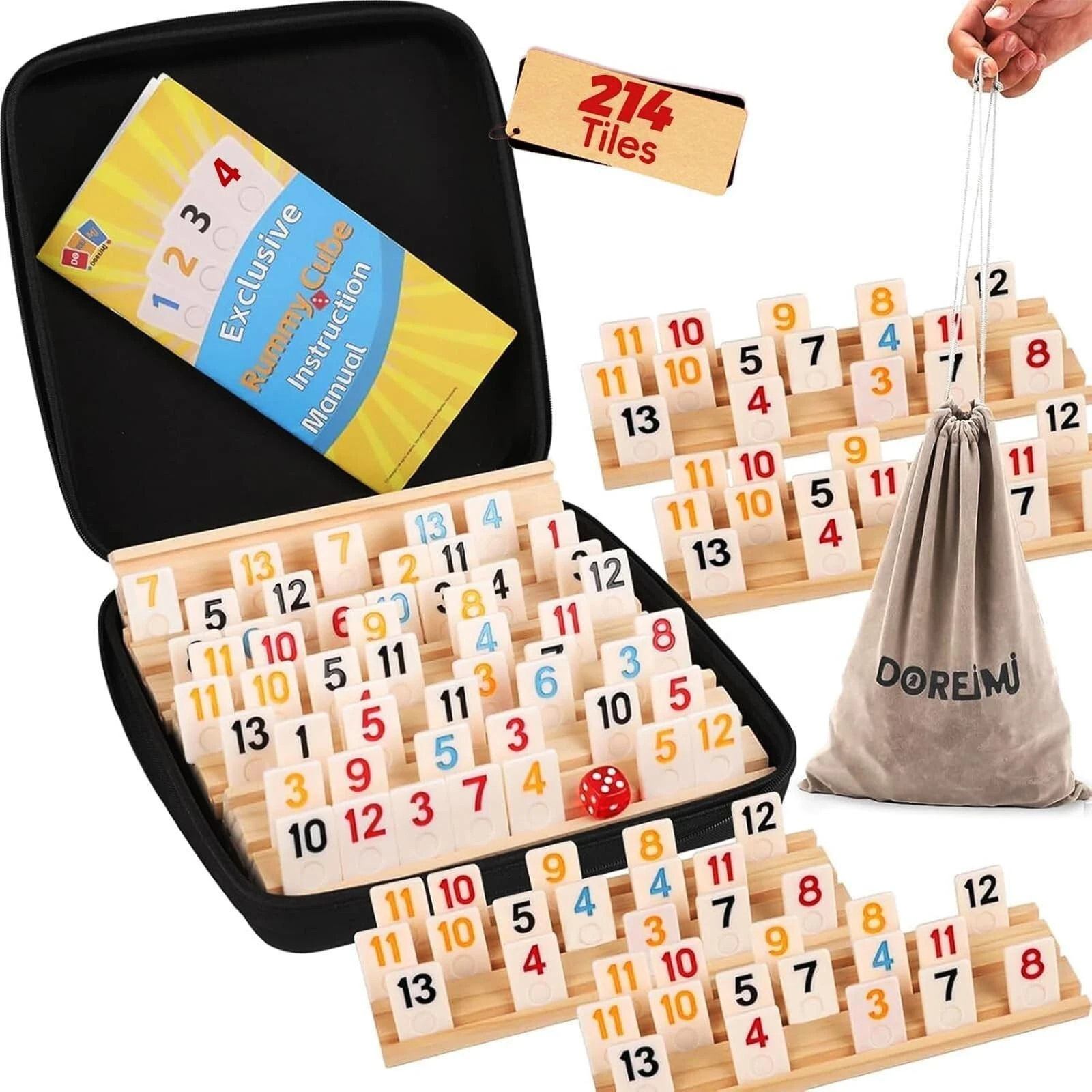 Rummy Cube 8 Player Upgraded Edition with 8 Wooden Racks 214 Tiles Game Set Case