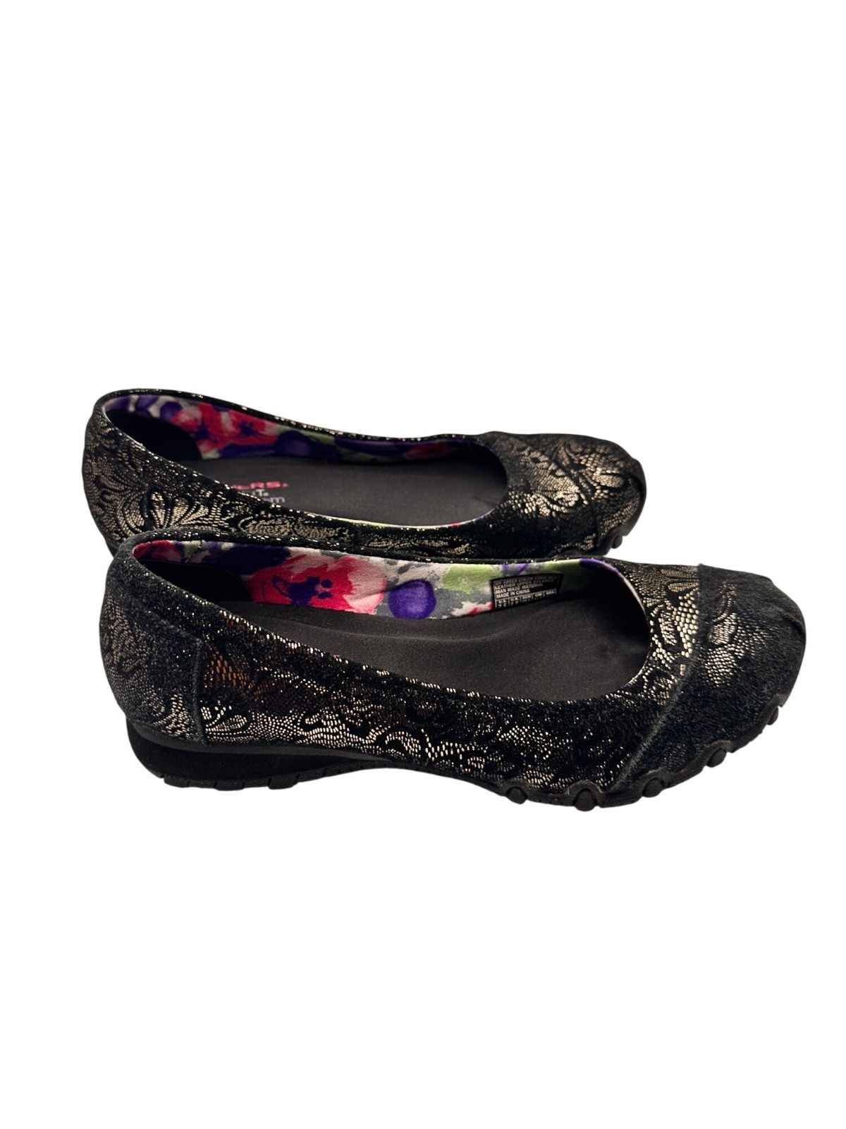 Skechers Size 7.5  Black Floral Ballet Flats Womens Stylish Casual Shoes