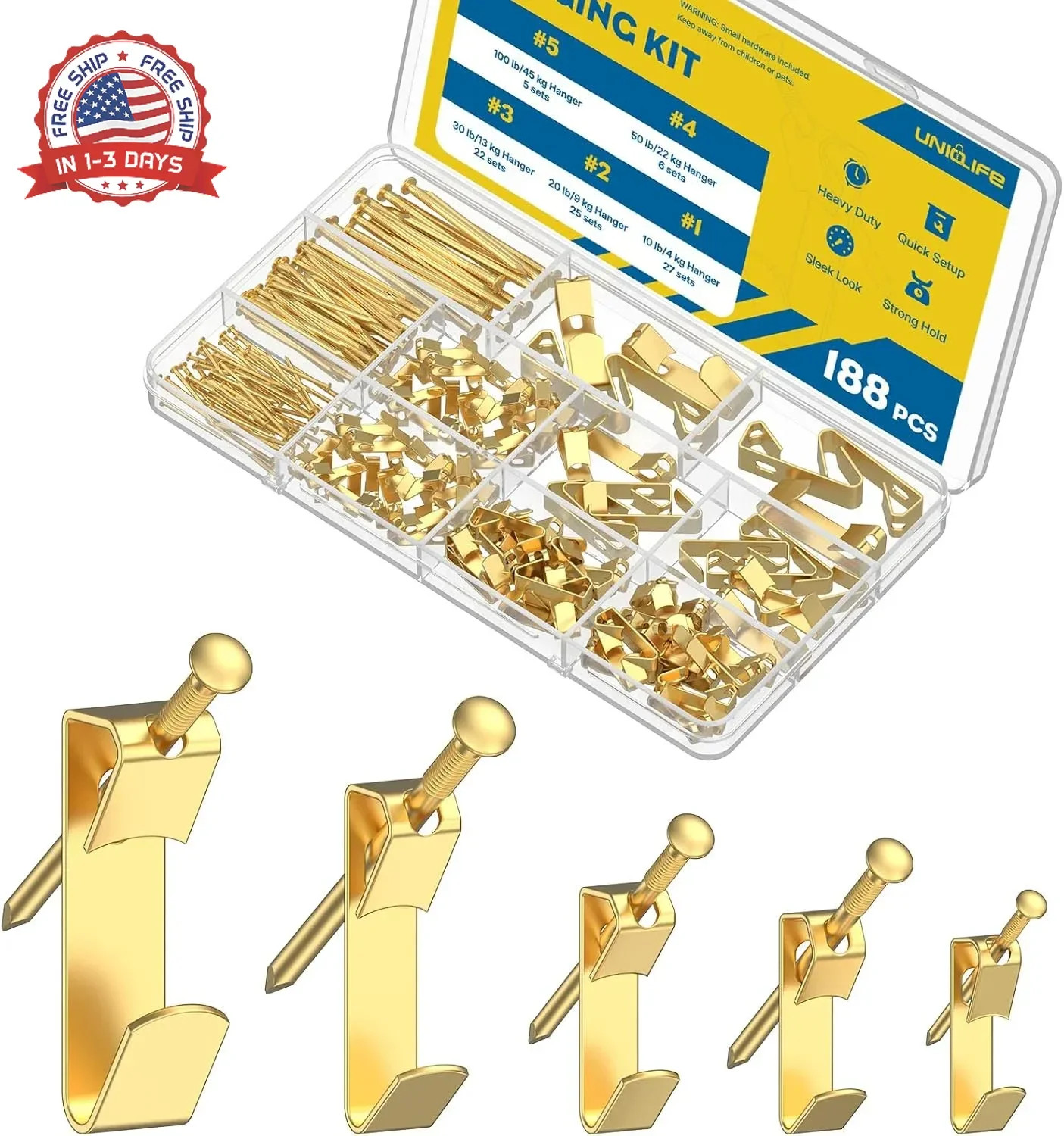 Uniclife 188 Pcs Picture Hanging Kit, 10 lb, 20 lb, 30 lb, 50 lb, 100 lb Heavy D