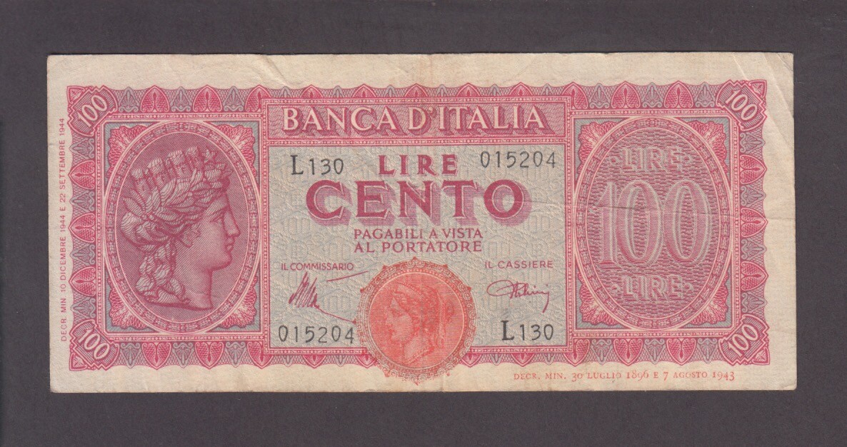 ITALY P.75a-5204  100 LIRE 10.12.1944 L130  VERY FINE  LOW SHIPPING  2202