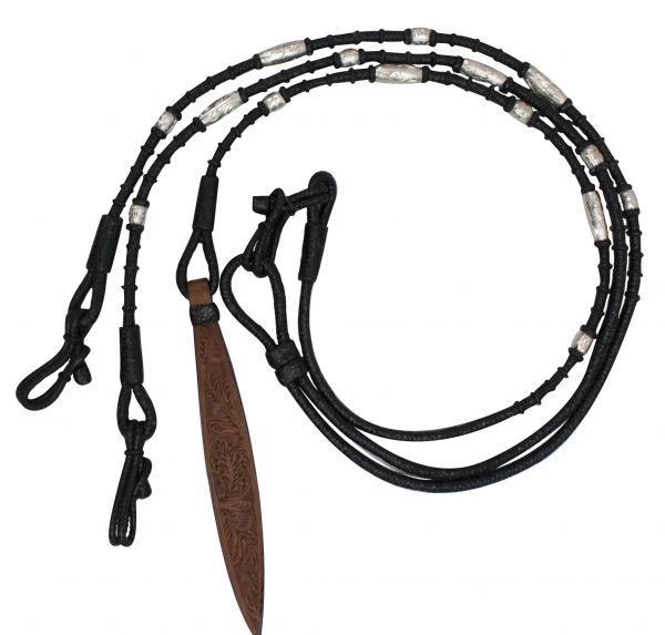 Showman Braided Black Rawhide Romal Reins with Leather Popper & Silver Beads!