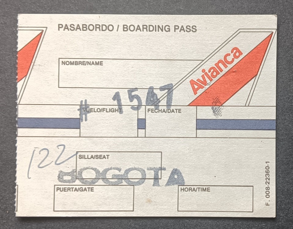 AVIANCA COLOMBIA - BOARDING PASS FLIGHT 1547 TO BOGOTA
