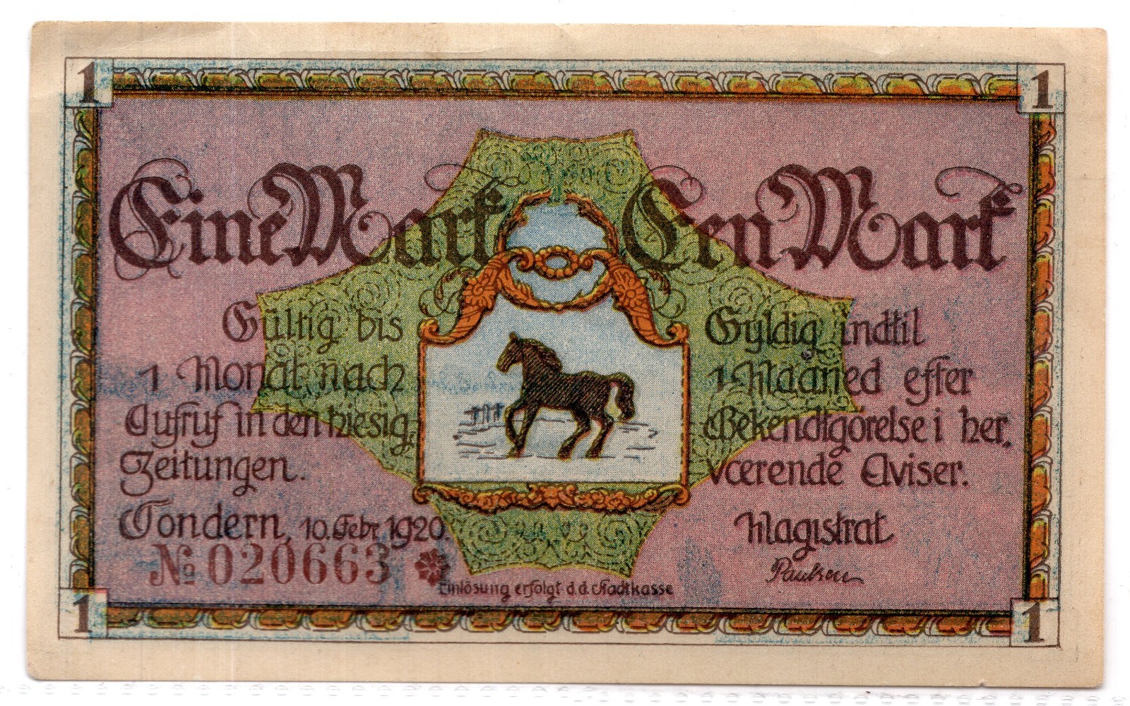 1920 Germany Tondern Notgeld 1 Mark Note (NG109)