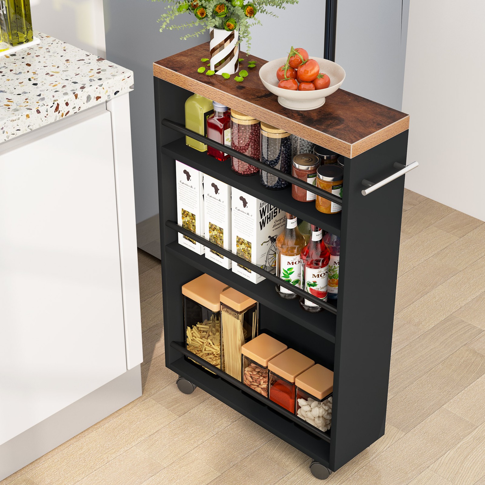 Slim Rolling Storage Cart, 3 Tier Snack Cart with Wheels for Kitchen, Black