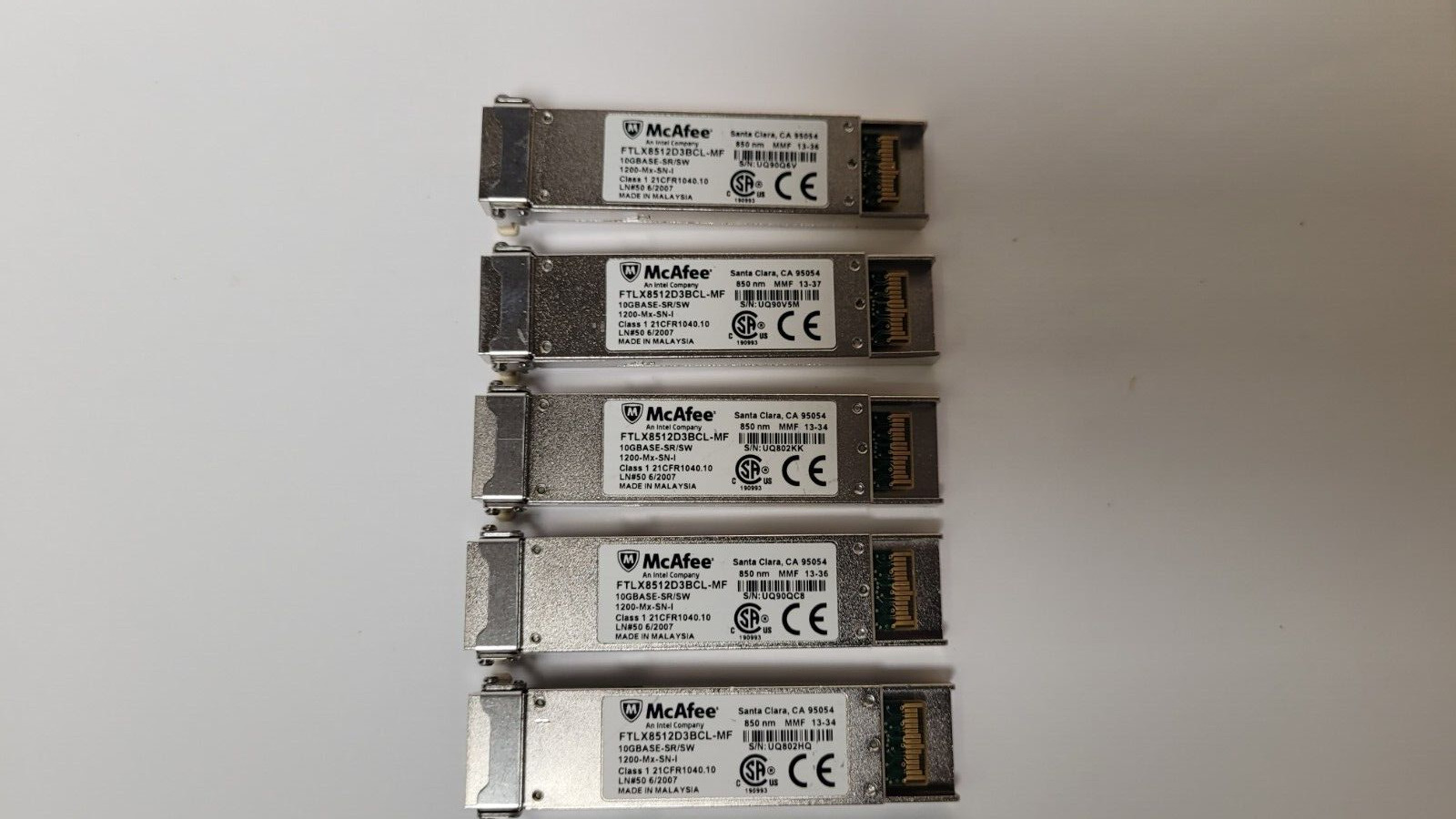 Lot of 5 McAfee Intel FTLX8512D3BCL-MF 10GBASE-SR/SW Fiber Transceiver 850nm