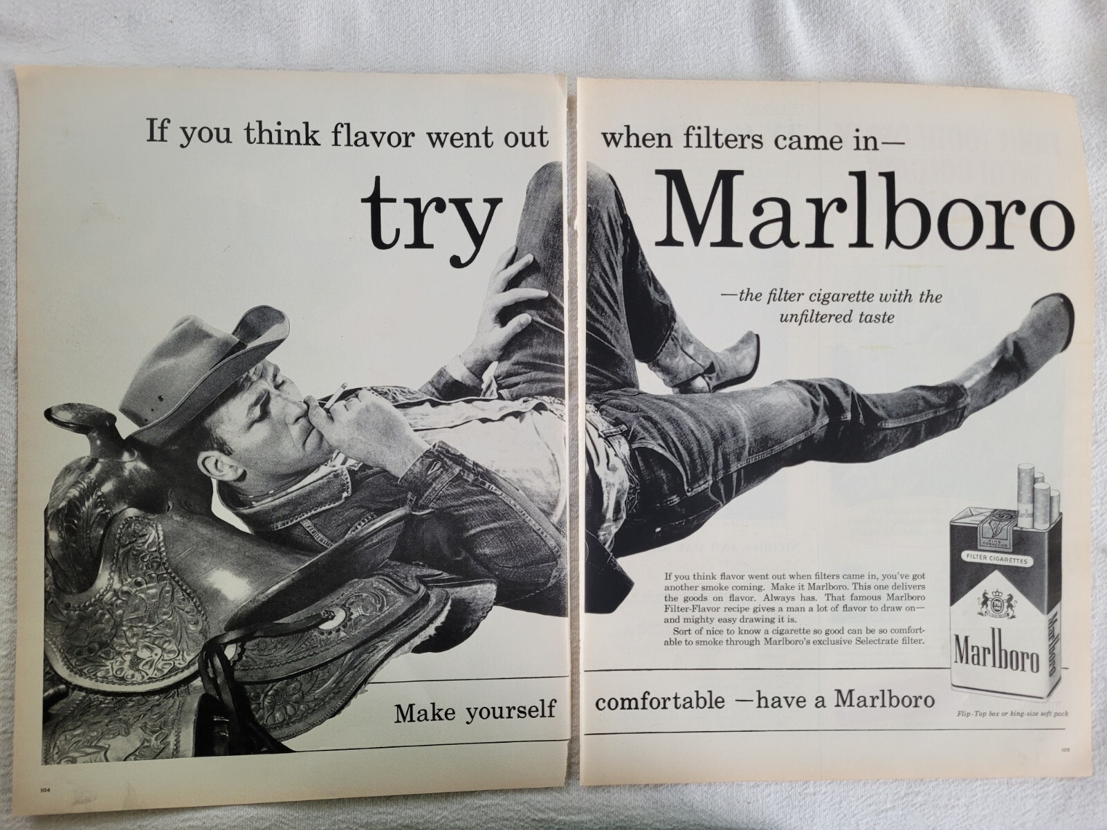 VTG 1960 Original Magazine Ad MARLBORO Cigarettes 2pg Man Laying On Saddle