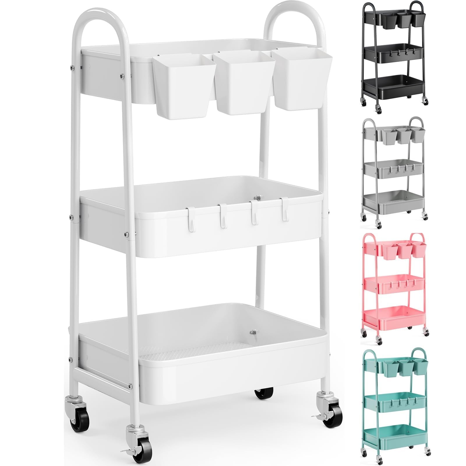 3 Tier Heavy Duty White Metal Rolling Cart with Lockable Wheels, Three Tier R...