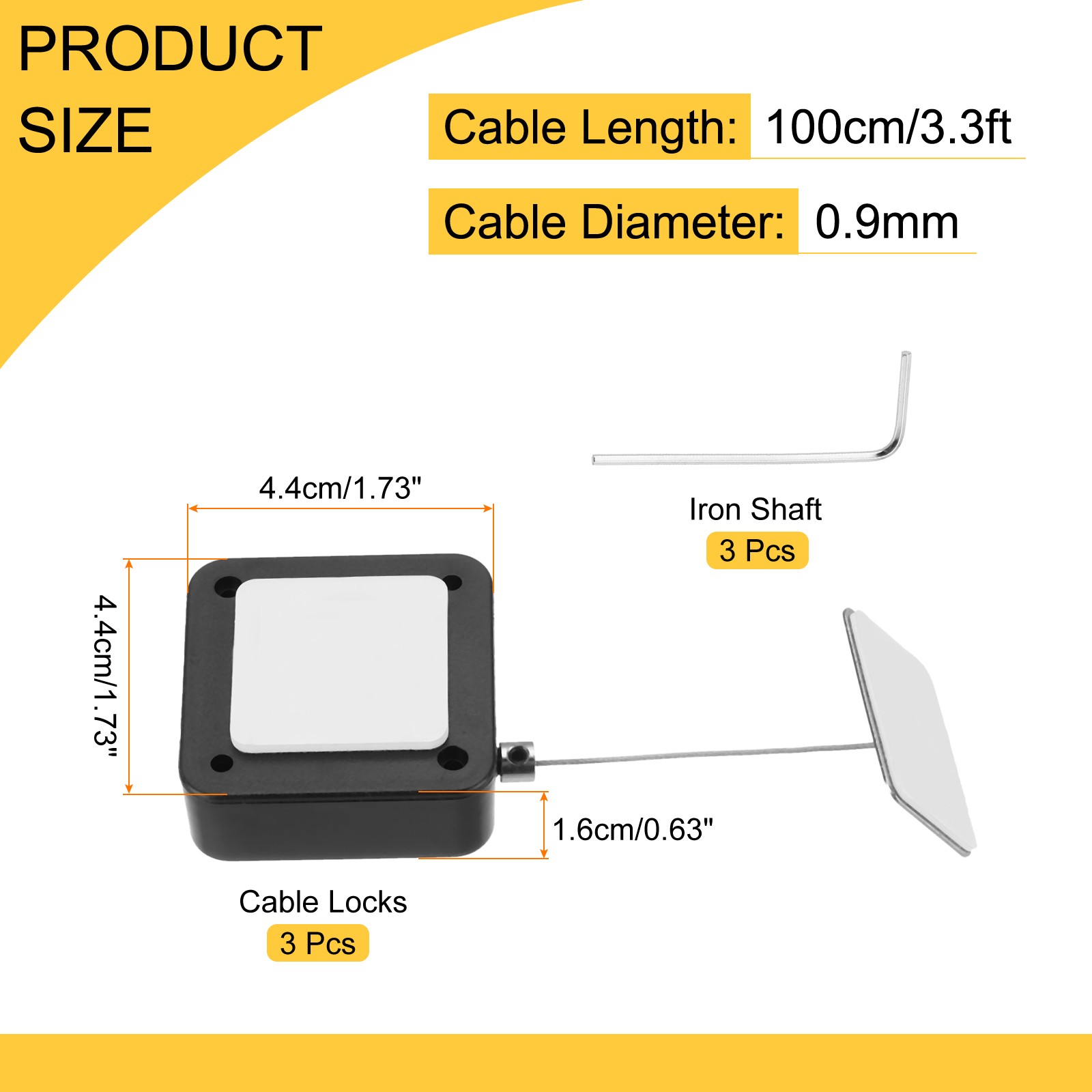 3.3 ft Retractable Cable Security Lock with Square Patch 600g Black 3 Pack,