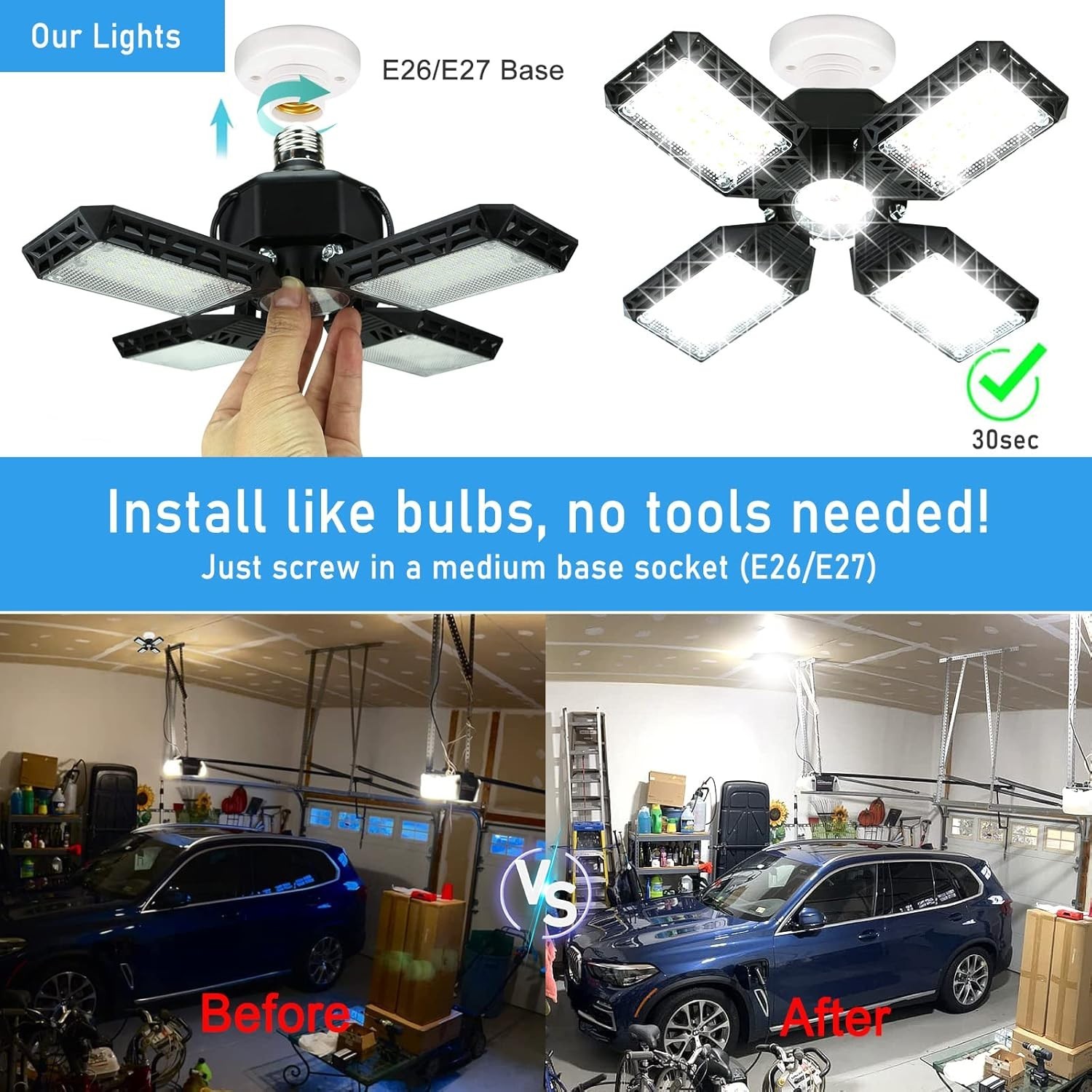 150W LED Garage Light 15000LM Deformable Ceiling Shop Light 4 Panel E26