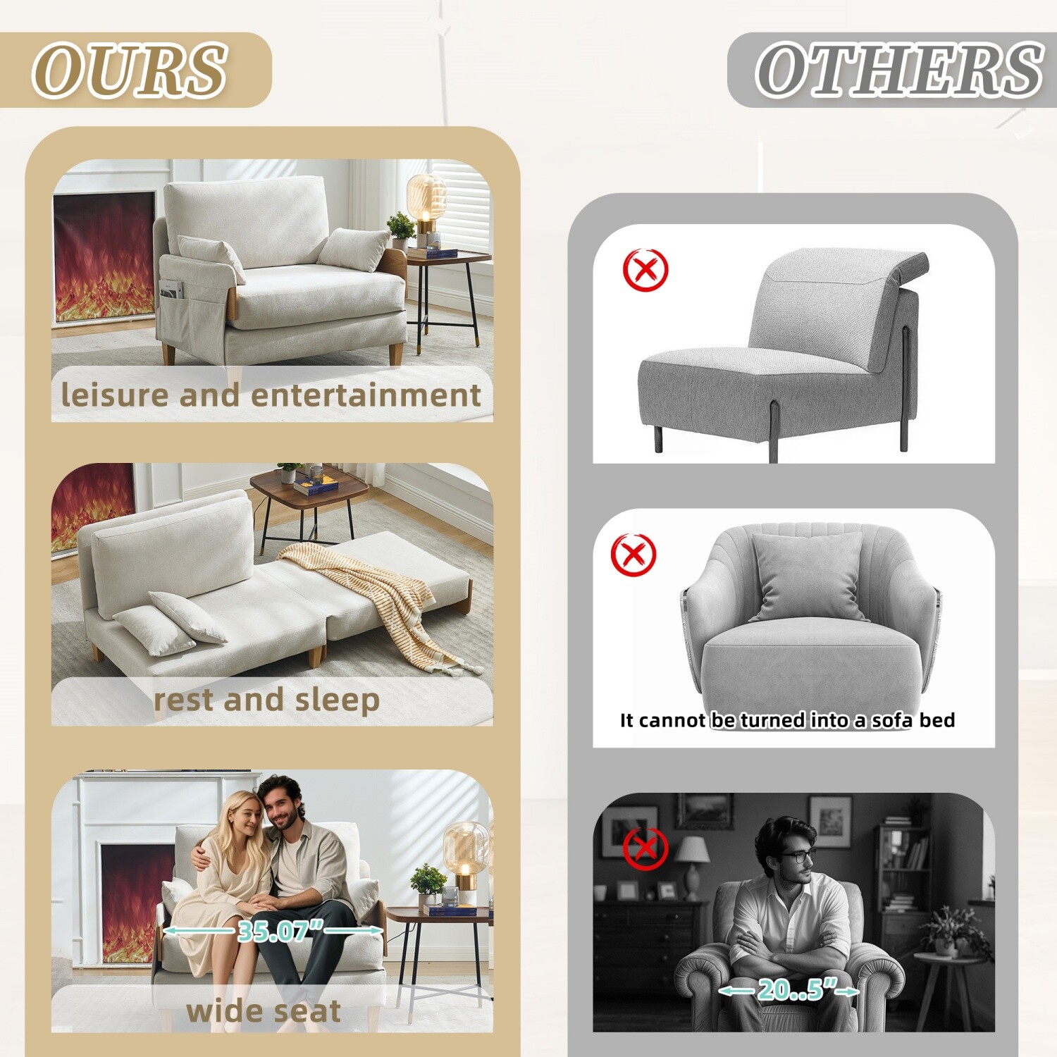 Convertible Sleeper Sofa Bed Multi-Functional Folding Recliner Chairs w/ Pillows