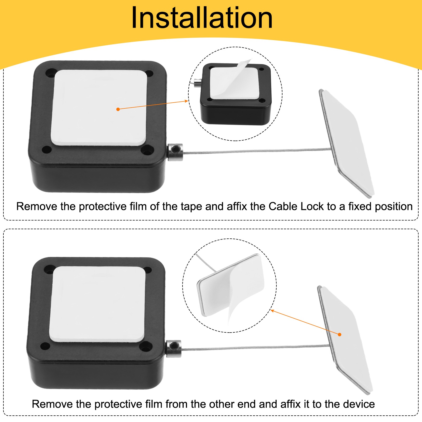 3.3 ft Retractable Cable Security Lock with Square Patch 600g Black 3 Pack,